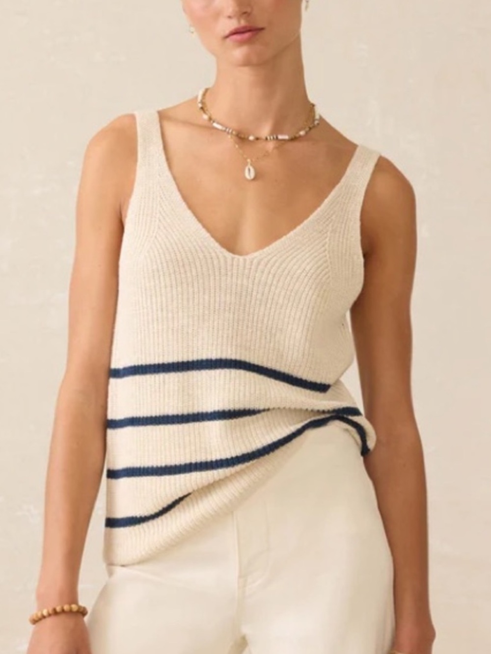 Faherty Cream & Navy Blue Striped Crochet Knit Linen Blend Tank Top Size Medium